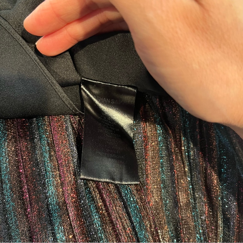 2741 Jonathan Simkhai Rainbow Metallic Pleated Long Sleeve V-Neck Party Gown 4 - Picture 4 of 9